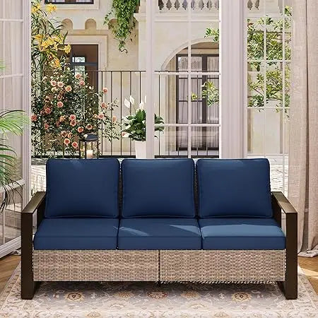 Patio Metal Wicker Sofa, Outdoor Rattan 3-Seat Sofa Couch with Premium Cushions & Rectangular Framed Wood-Looking Metal Armrest