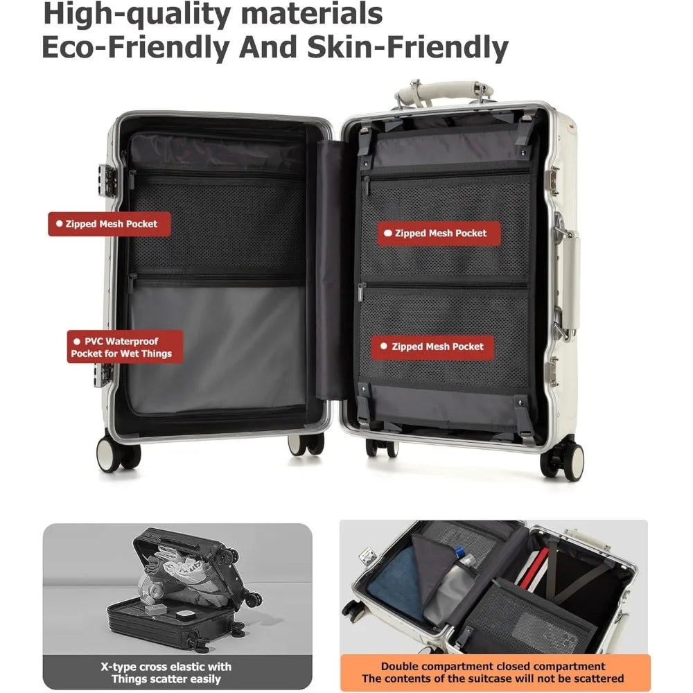 20 Inch Aluminum Frame Wide Handle PC Hardside Double Spinner Carry-On Luggage - Luxury Rolling Travel Suitcase