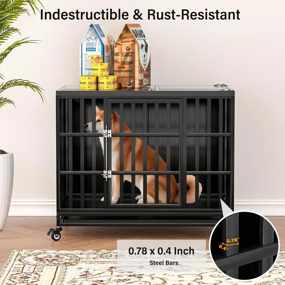 38 inch heavy duty dog crate with self-locking latch, indestructible steel large kennel with enclosed design, chew-proof and esc