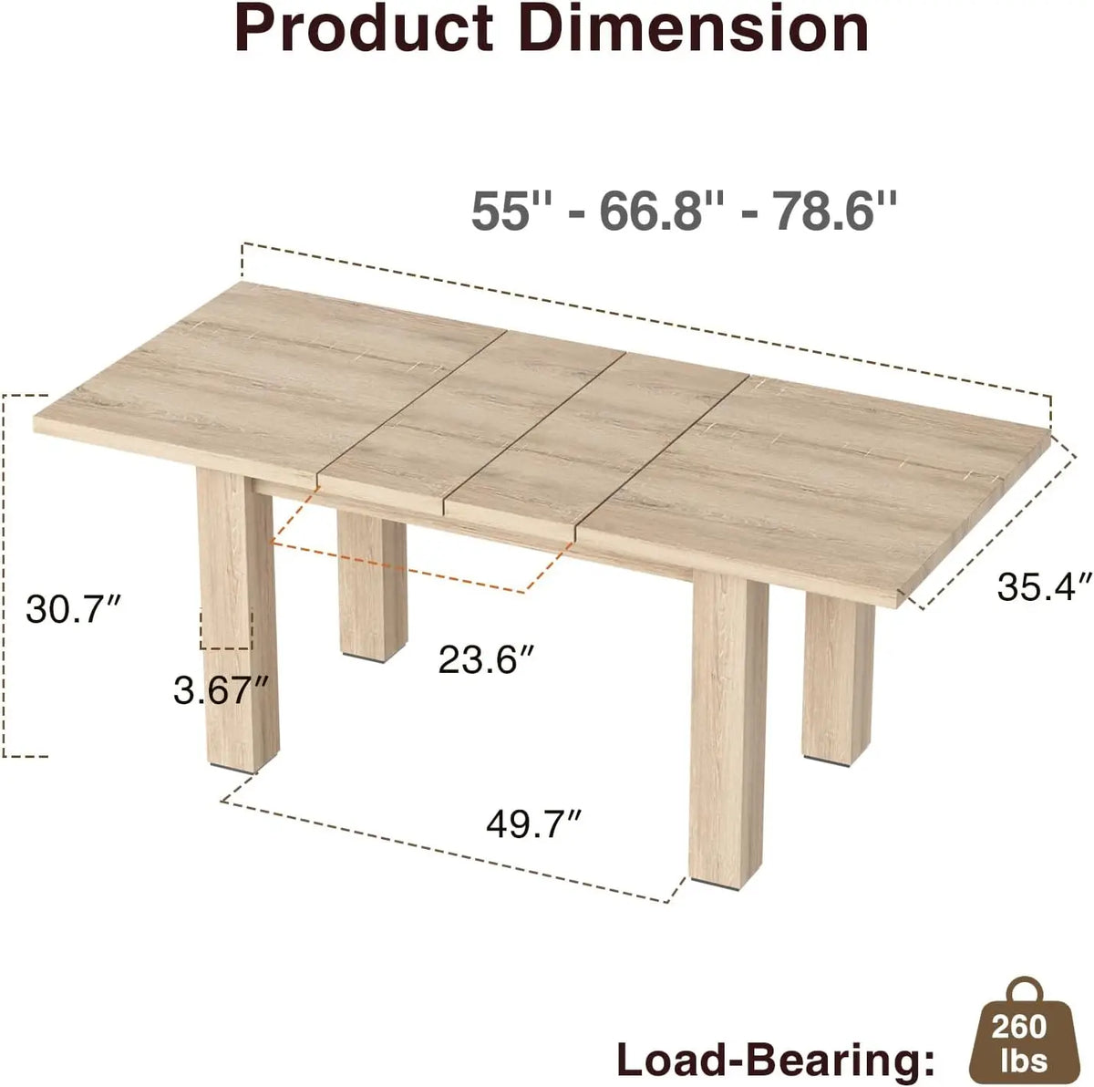 Extendable Oak Dining Table 55''-78'', for 6-10 People, Rustic, Small Kitchen & Office Use