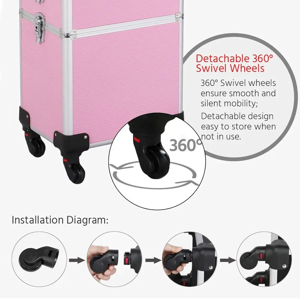 Portable Rolling Makeup Train Case with 4 Wheels, Detachable, Pink, Professional Organizer for Travel