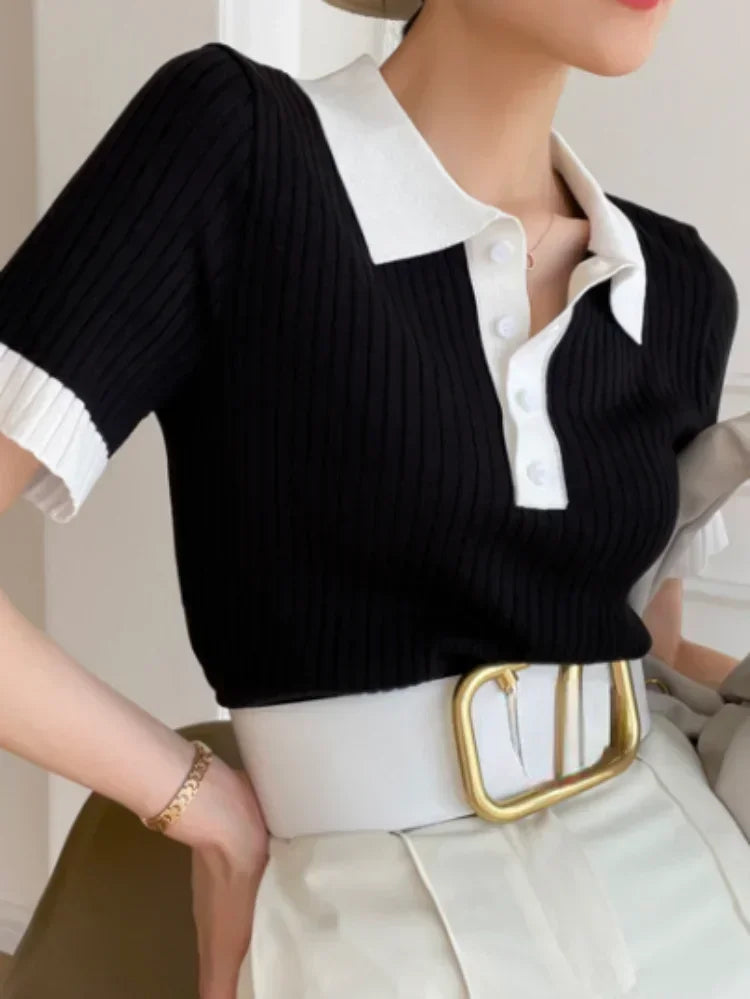Women Clothing Temperament Elegant Knitted Contrast Tops Summer Fashion Commute POLO Short Sleeve Chic Button Slim T-shirt