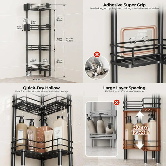 4-Tier Corner Shower Caddy Organizer with Toothbrush Holder, Large Spacing Floor Shelf Rack Storage Stand for Bathroom and Kitch