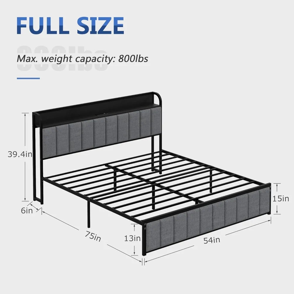VECELO Storage Platform Bed Frame with Upholstered Headboard and Charging Station, Metal Slat Support, No Box Spring Needed