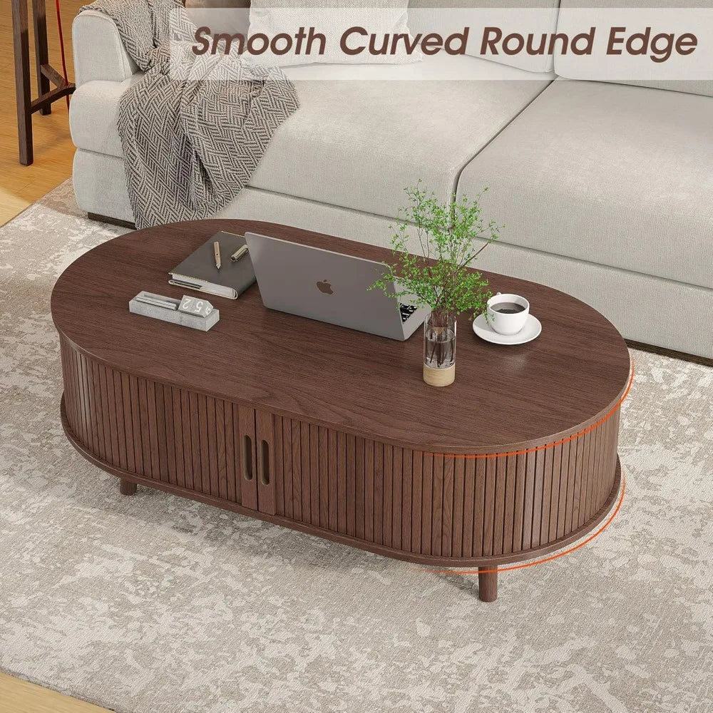 mid-century modern coffee table with sliding door and fluted hidden storage