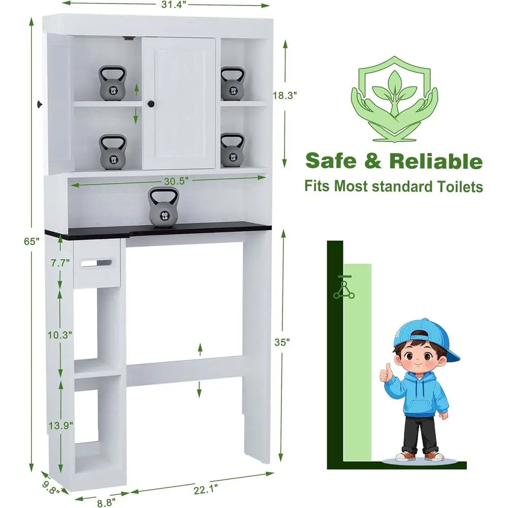 7-Tier Walnut-Style Over-the-Toilet Storage, White Bathroom Organizer with Toilet Paper Stand, Space-Saving for Restroom & Laund