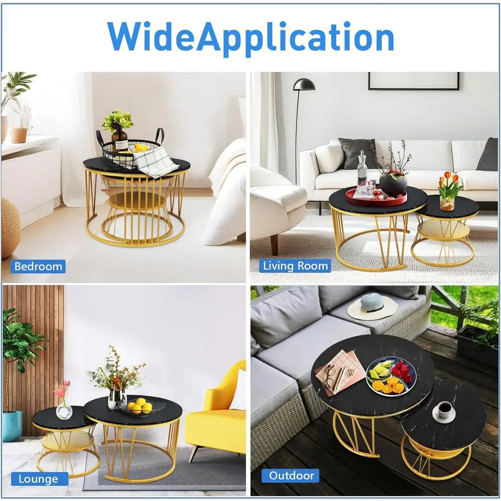 Modern Stackable Black Gold Marble Coffee Table Duo for Small Living Spaces