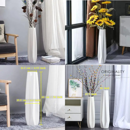 Large White Ceramic Floor Vase - 24 Tall Modern Decorative Vase for Living Room, Home, Office, Bedroom - Flower Vase Accent Piec