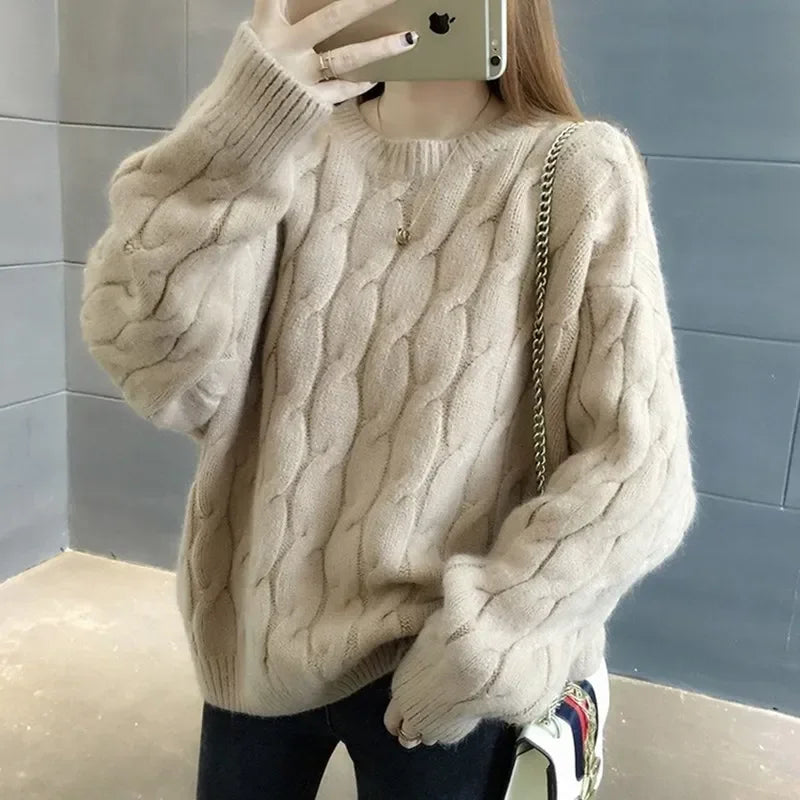 2024 New Harajuku Style Sweater Jacket Women's Sweet Fresh Medium-Length Thickened Winter Loose-Fit Korean Version Round Neck Au