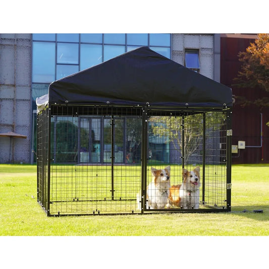 Sturdy Outdoor Dog Enclosure with Roof and Double Locks - Galvanized Steel Kennel Fence (79W x 79D)