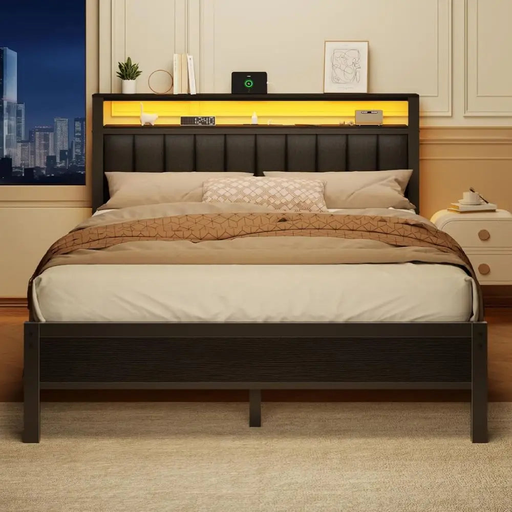 Grey Upholstered Queen Bed Frame with LED Lights, Charging Station, Storage Shelves, Metal Slats, No Box Spring Needed