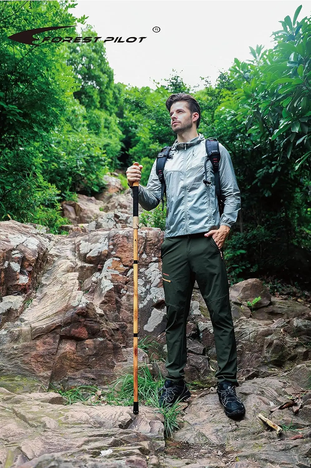 Trekking Poles - Adjustable Hiking Stick - Beech Wood Grip - Quick Adjust Flip-Lock - Leather Strap