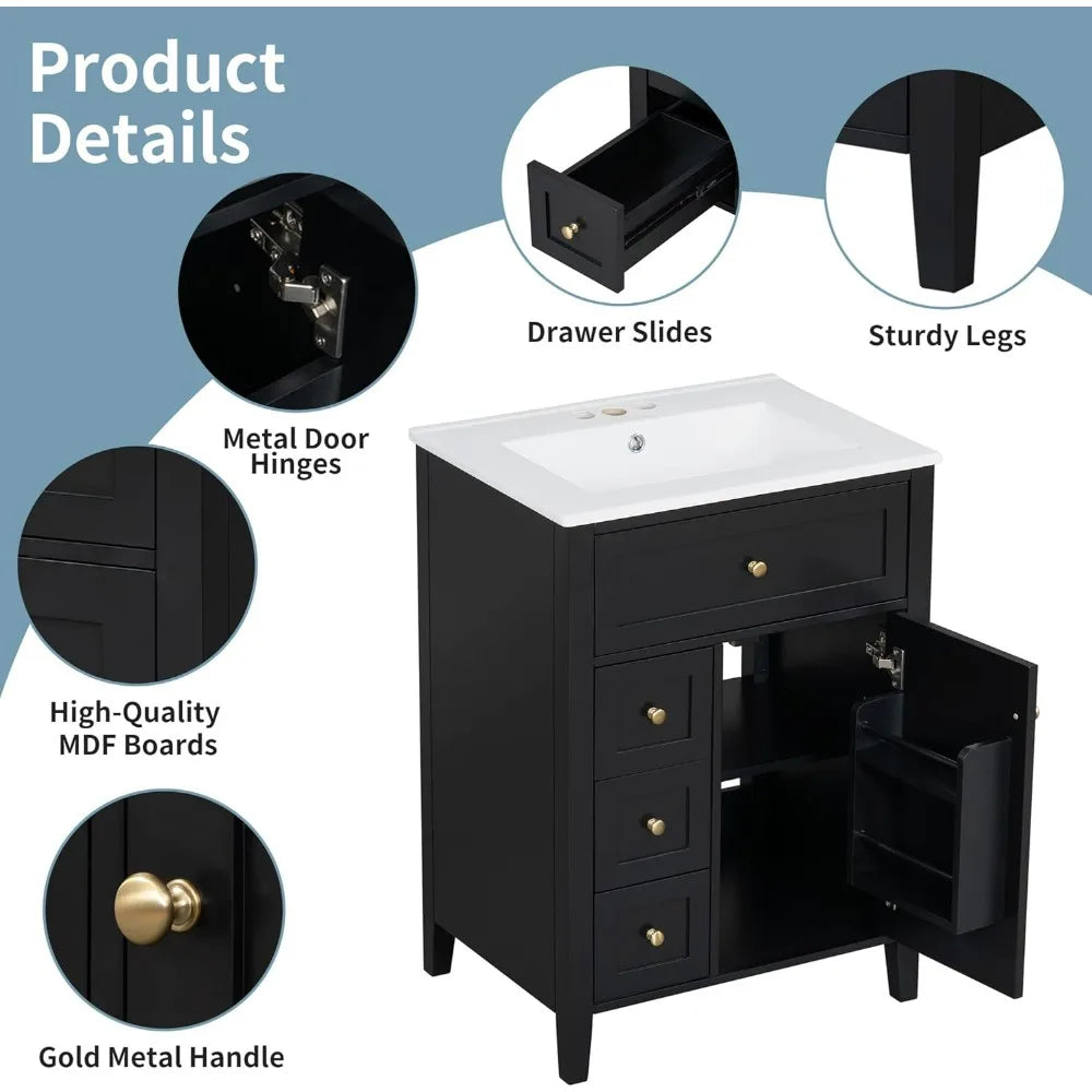 24-Inch Bathroom Vanity with Sink, Storage Cabinet, Multi-Functional Drawer, and Soft-Close Door
