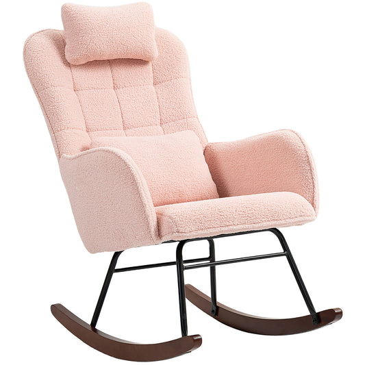 Homcom Boucle Rocking Chair with Headrest and Lumber Pillow Pink