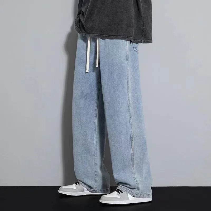 2024 New Streetwear Loose Jeans Men Korean Style Fashion Loose Straight Wide Leg Pants Men's Brand Clothing Black Light Blue