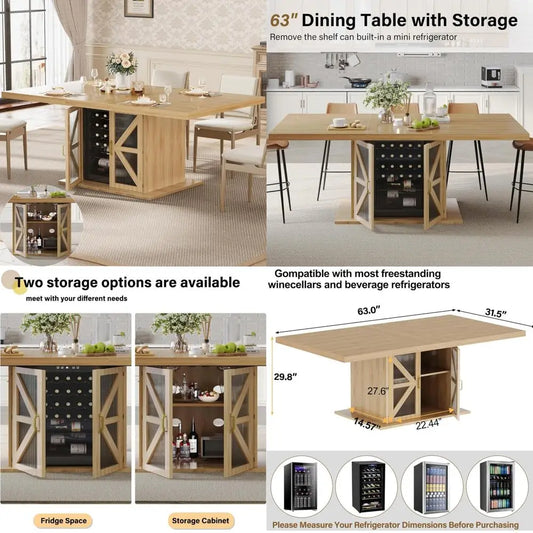 Large Modern Rectangular Farmhouse Dining Table with Storage for 4-6, Wood Kitchen Table featuring Fridge Space