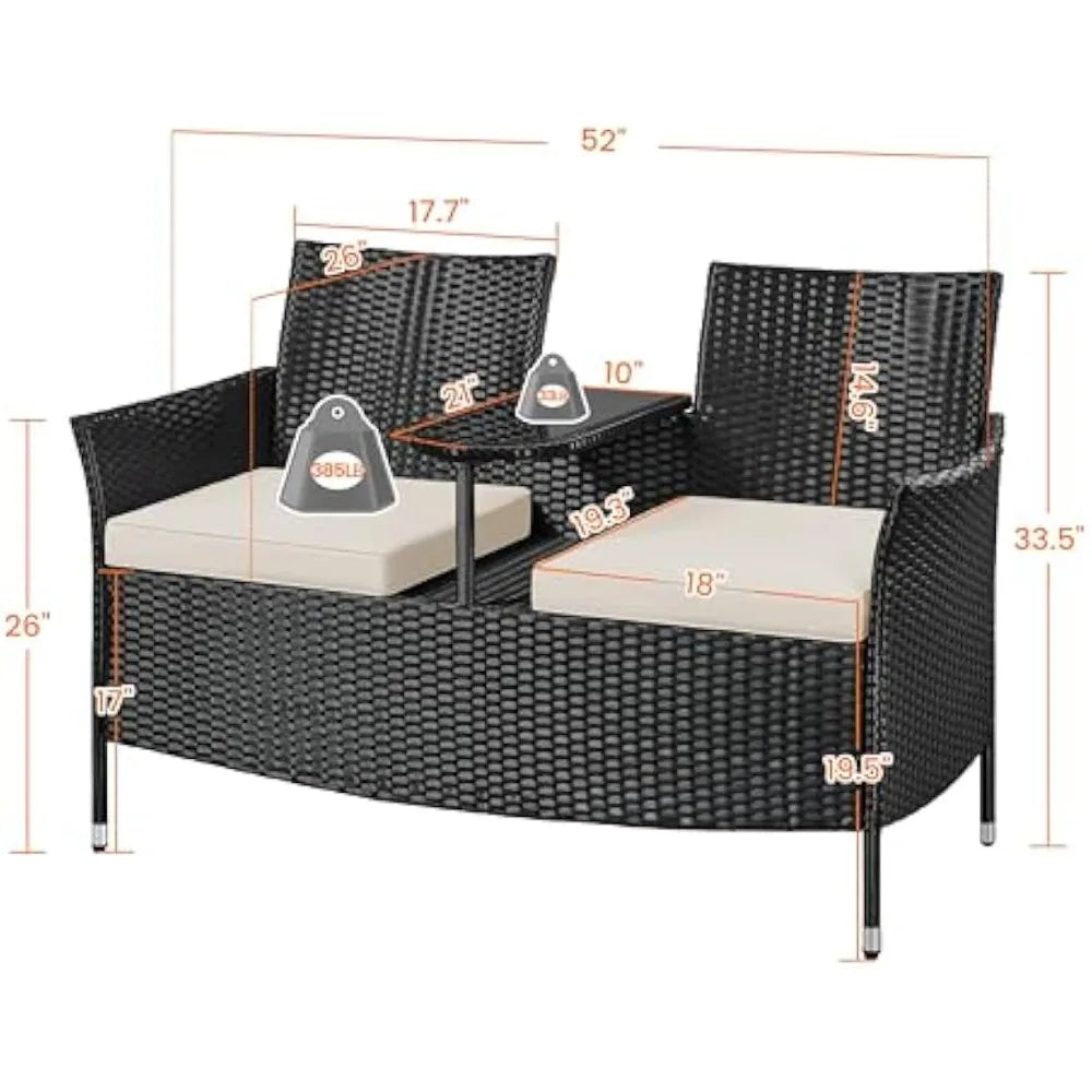 Patio Loveseat, Outdoor Wicker Double Chair w/Side Table, PE Rattan Furniture Set for Two People, Love Seat w/2 Removable Cushi