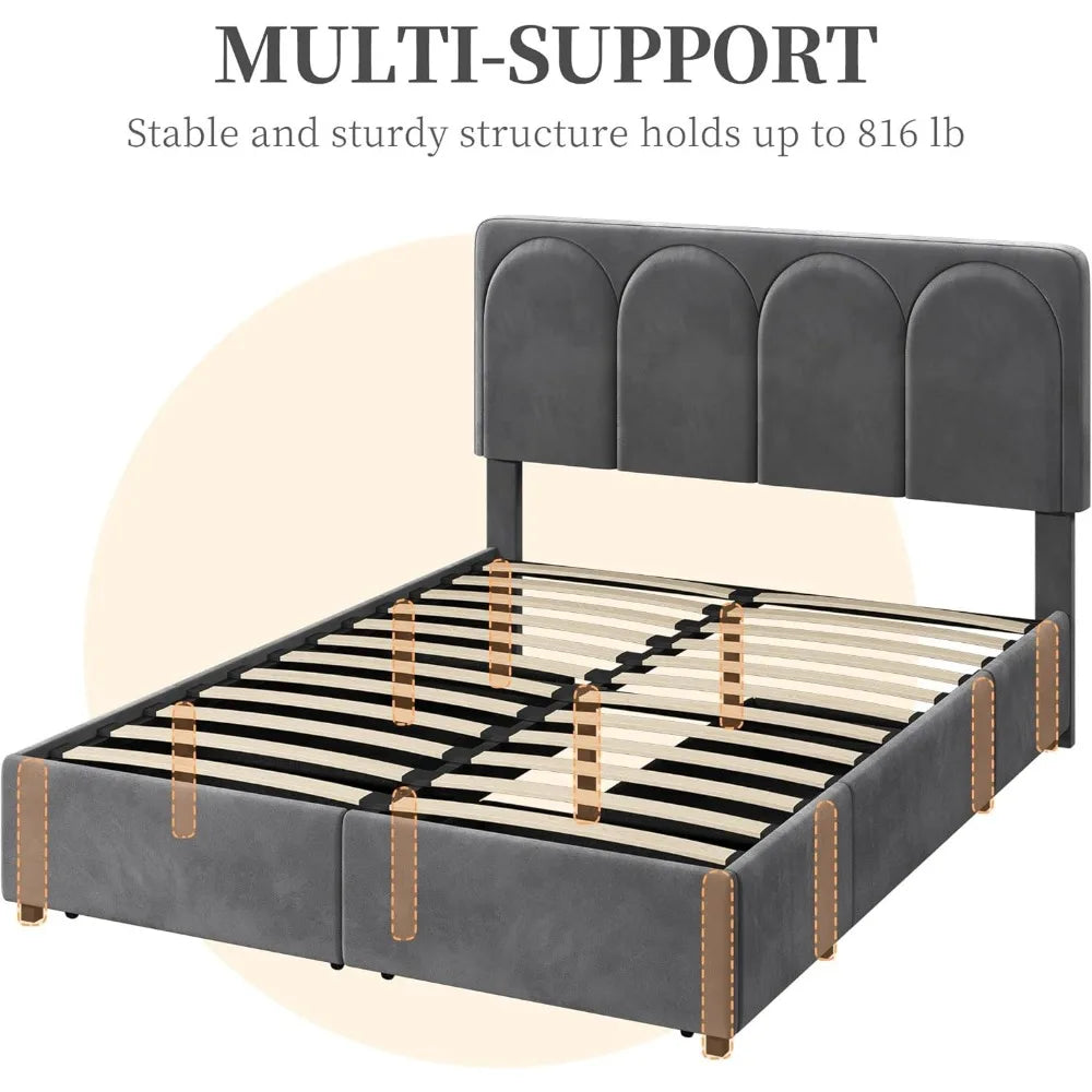 Yaheetech Queen Bed Frame Upholstered Platform Bed with 4 Drawers Storage and Adjustable Headboard,Arch Channel Tufted Headboard