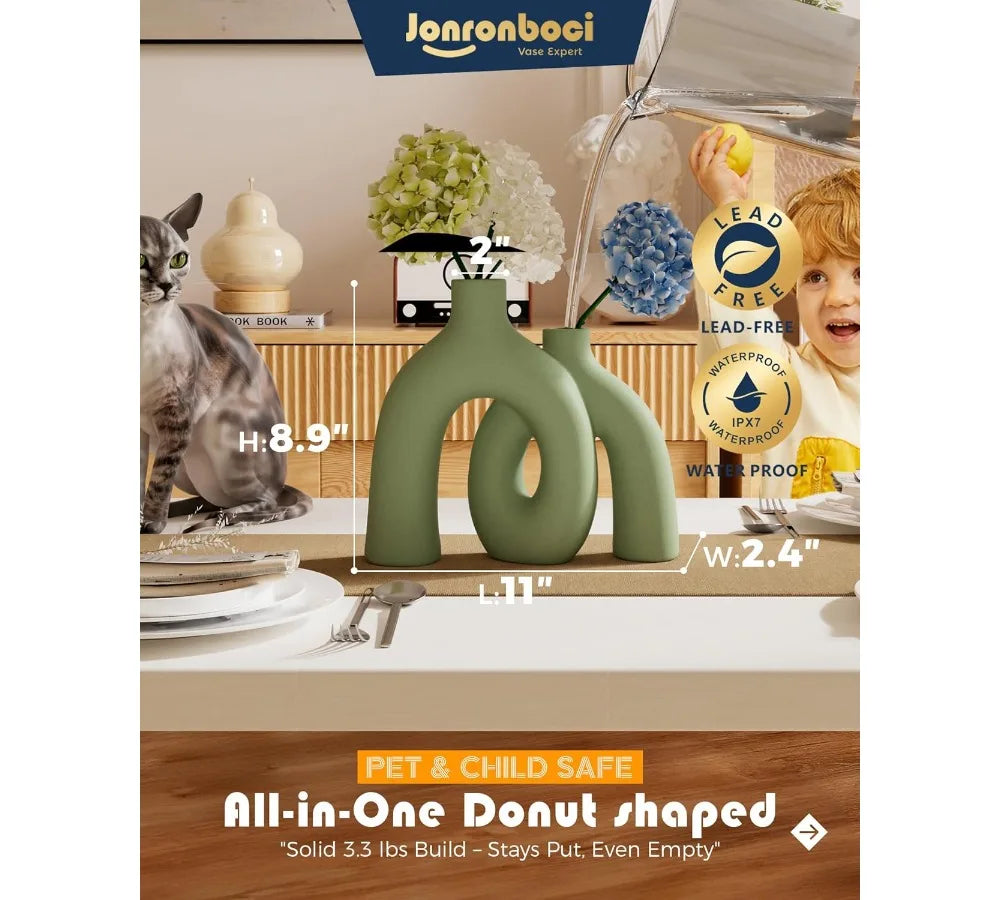 Modern Nordic Boho Ceramic Vase Set - Sage Green Home Decor for Living Room Shelf, Bookshelf, Entryway