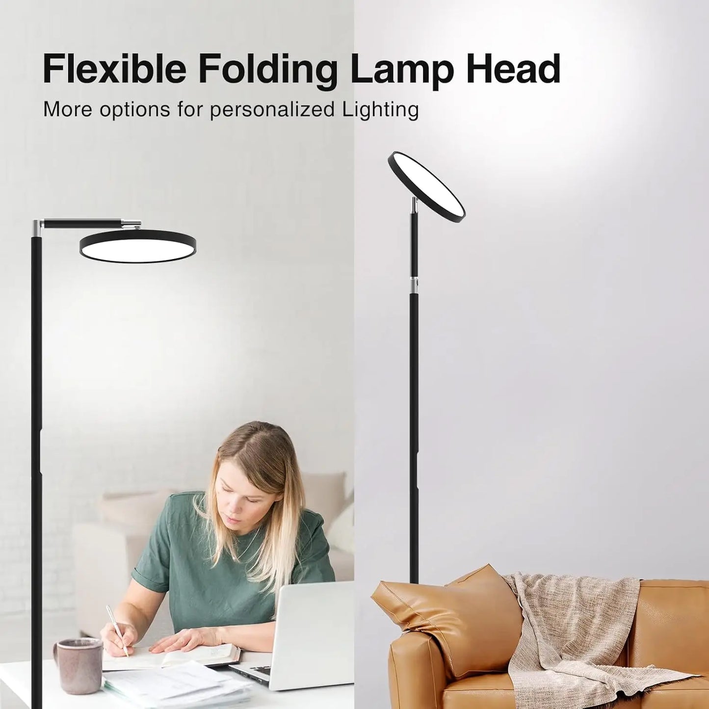 Tall LED Floor Lamp, 72'' Modern Touch Control Torchiere, Black Standing Lamp for Living Room, Bedroom, Office