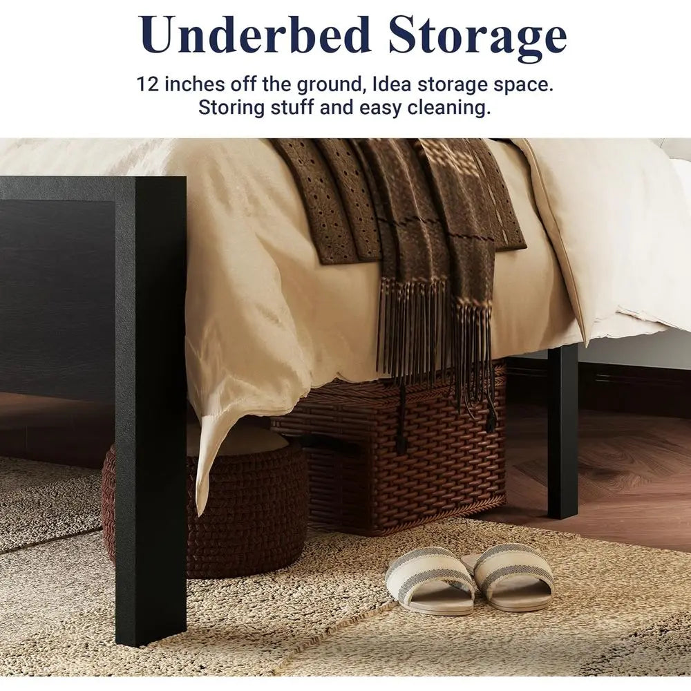 Queen Platform Bed Frame with Wood Headboard & Footboard, 12-Slats Support, No Box Spring, Storage, Easy Assembly, Black Oak