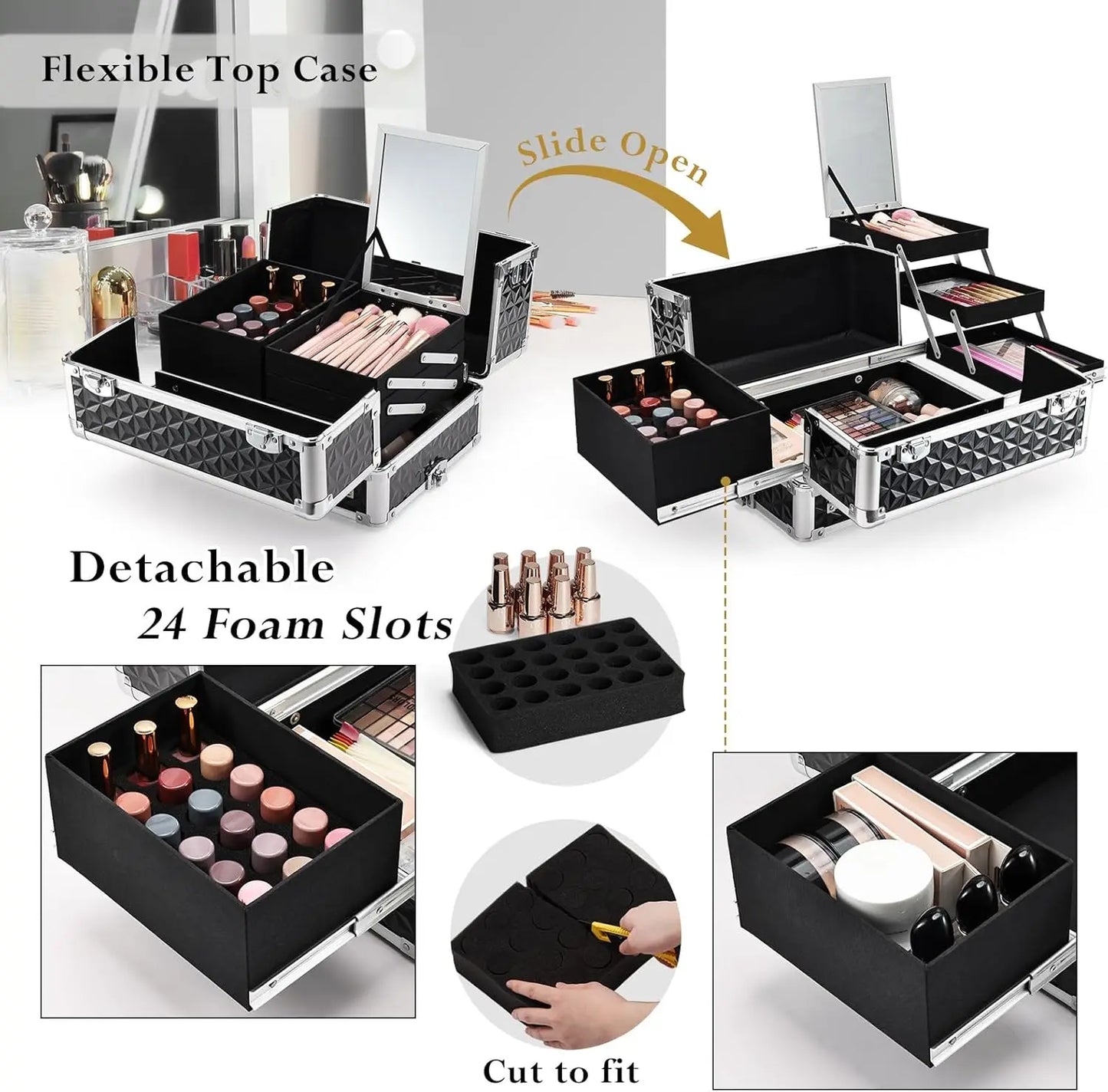 Rolling Makeup Case with Wheels  Drawers Large Professional Cosmetology Trolley Case Lockable Travel Cosmetic Storage Train Case