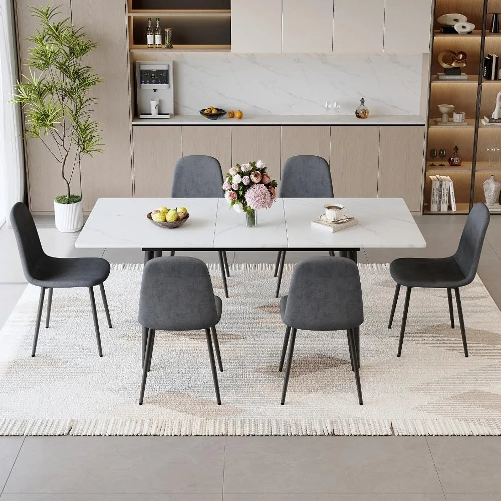 7-Piece Extendable Dining Table Set with 6 Upholstered Chairs, White Kitchen Table and Chairs