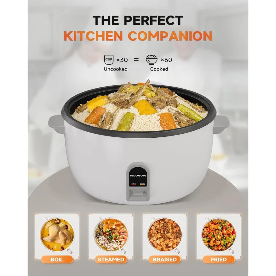 Commercial Rice Cooker with Large Capacity for High-Volume Use: 30-Cup Uncooked or 60-Cup Cooked Features One-Touch Operation f