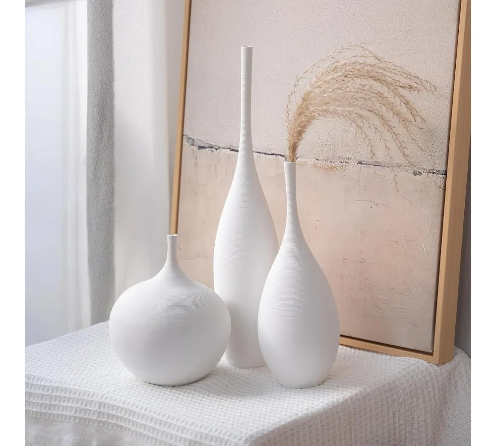 White Ceramic Vase Set of 3 Modern Boho Minimalist Home Decor Flower Vases for Living Room Table
