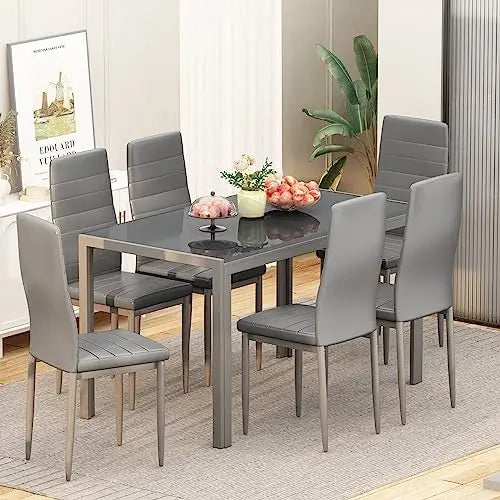 7-Piece Dining Set for 6, Glass Table & PU Leather Chairs, Modern Small Space Dining Set
