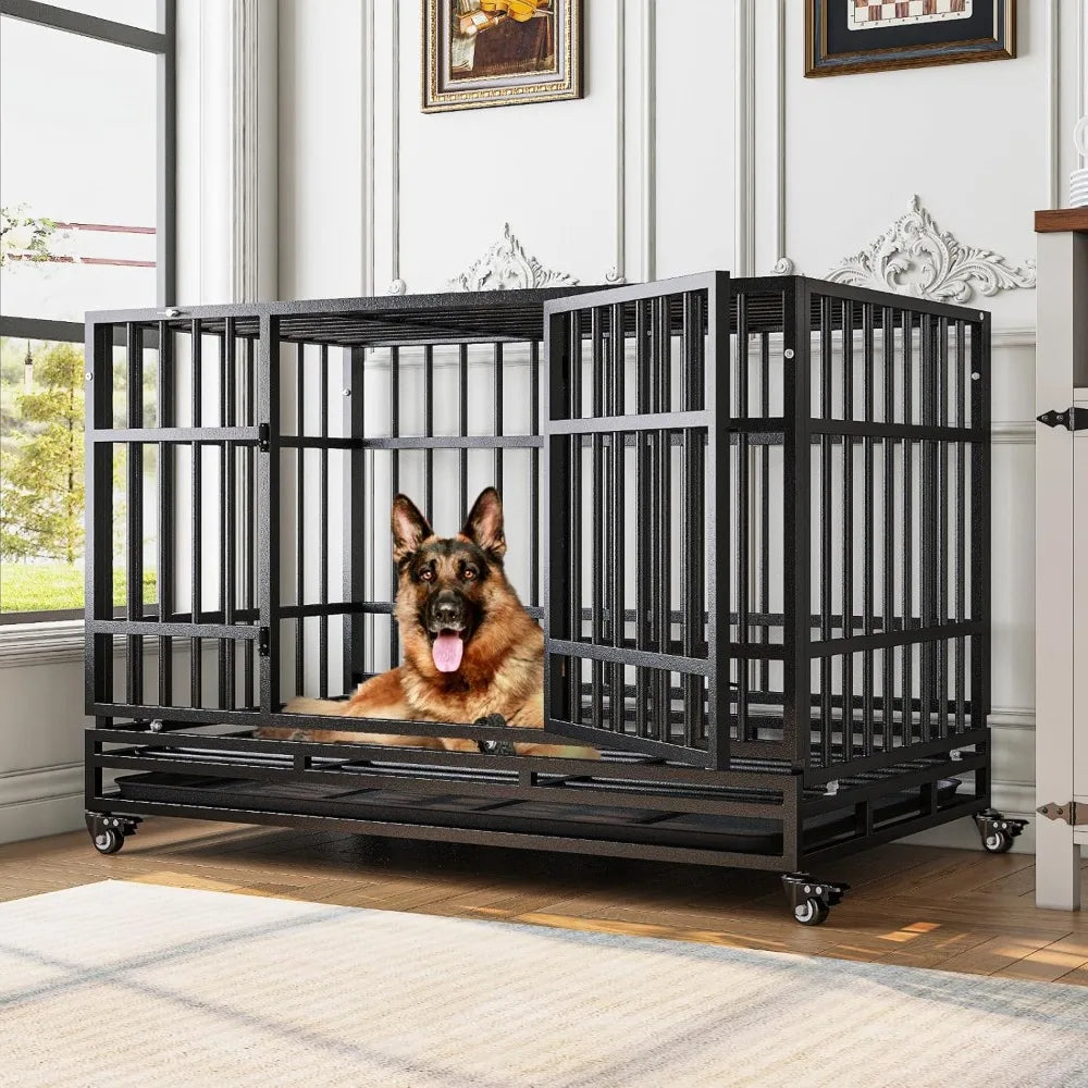 48 Inch Heavy Duty Dog Crates, Escape Proof Dog Cage Large Dogs with Wheels, Indestructible Steel Dog Cage with Upgraded