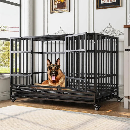48 Inch Heavy Duty Dog Crates, Escape Proof Dog Cage Large Dogs with Wheels, Indestructible Steel Dog Cage with Upgraded