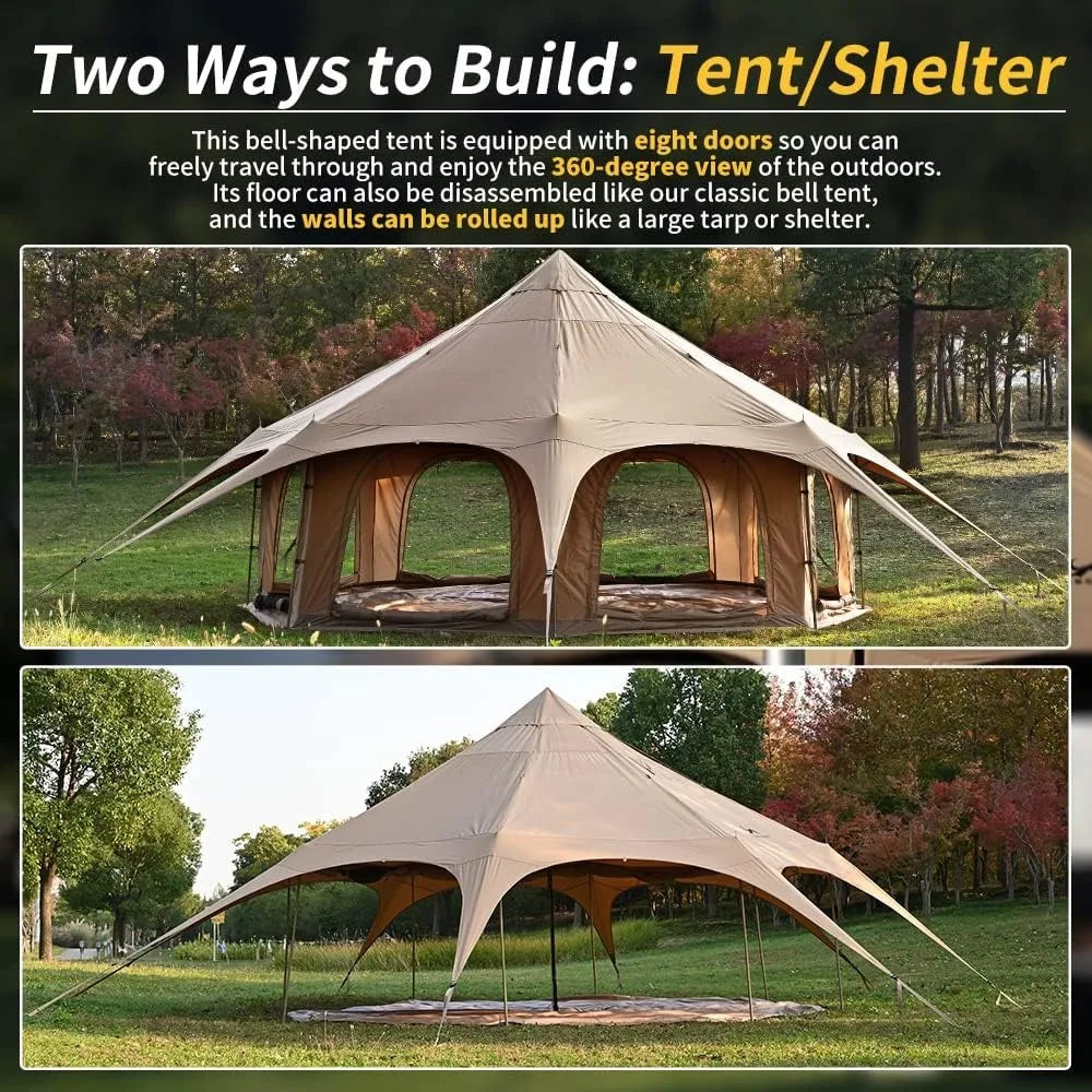 Family Glamping Bell Tent 16.4ft High with 9.2ft Diameter, Removable Floor and Stove Jack for Outdoor Camping