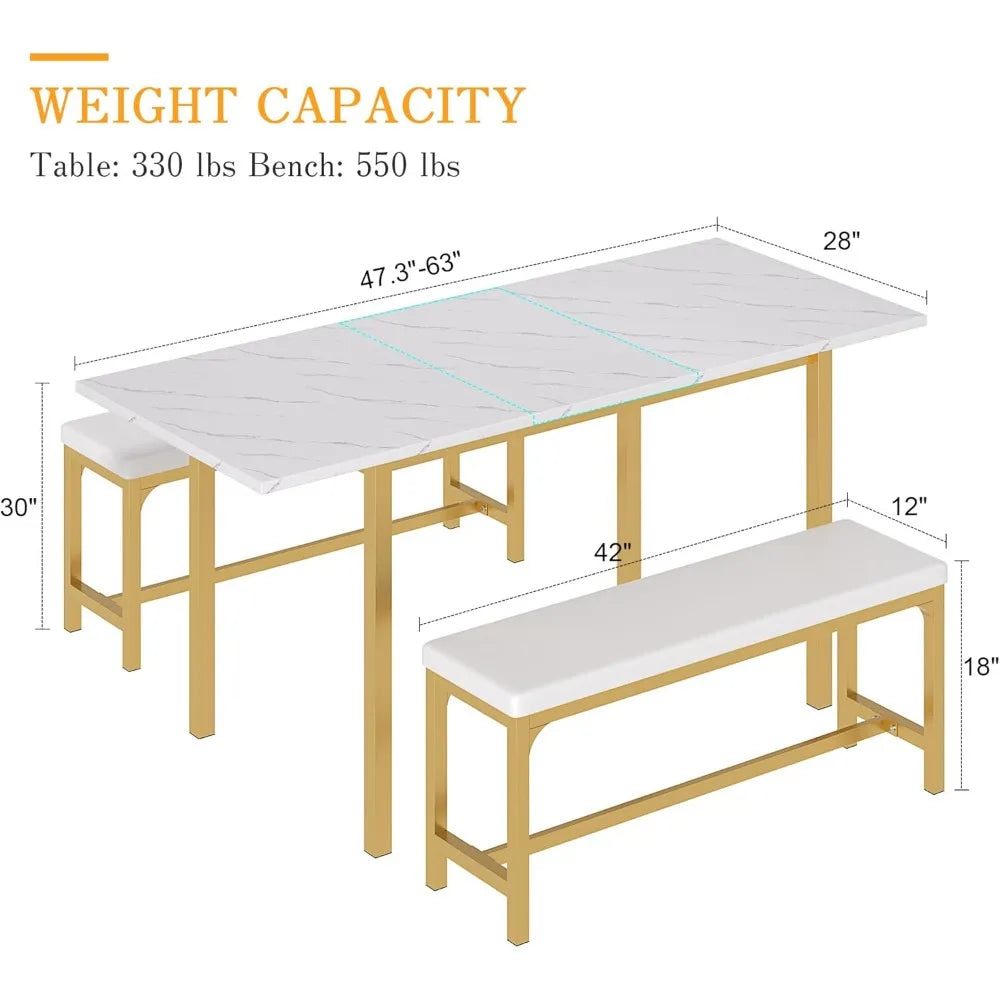 3-Piece 63" Extendable Kitchen Table with Benches/Chairs, Modern Breakfast Dinette/Dining Room Set for 4/6/2