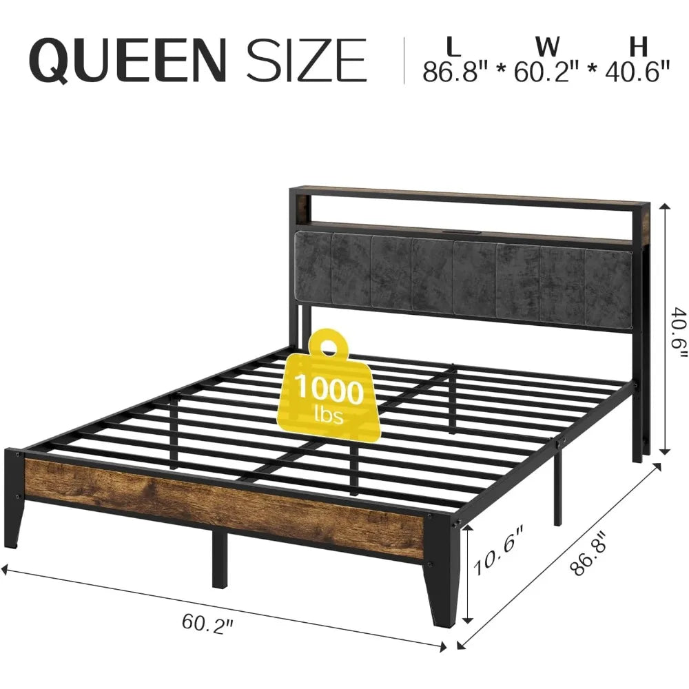 Metal Queen Bed Frame with 2-Tier Storage, LED Light Headboard, and Charging Station Type C