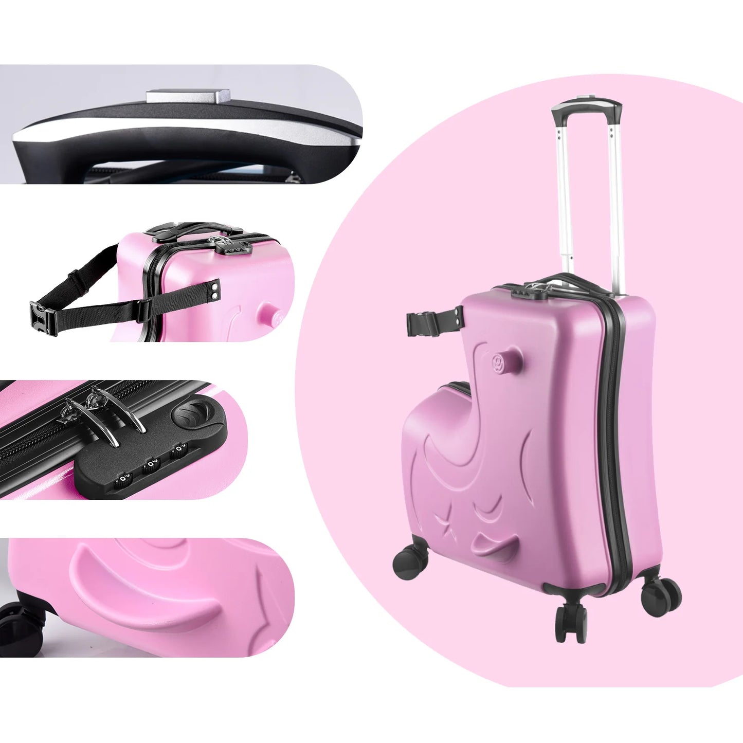 20in Kids Ride-On Luggage, Toddler Luggage Seat, Kids Travel Suitcase with Safety Belt, Wheels for Toddlers, (Pink, Caeey-On)