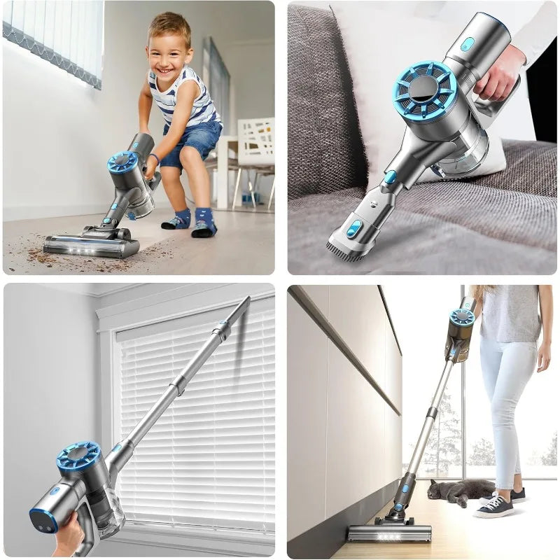 Vazone Cordless Vacuum Cleaner, Lightweight Stick Vacuum Cleaner with Self-Standing, Rechargeable Battery and LED Display, Blue