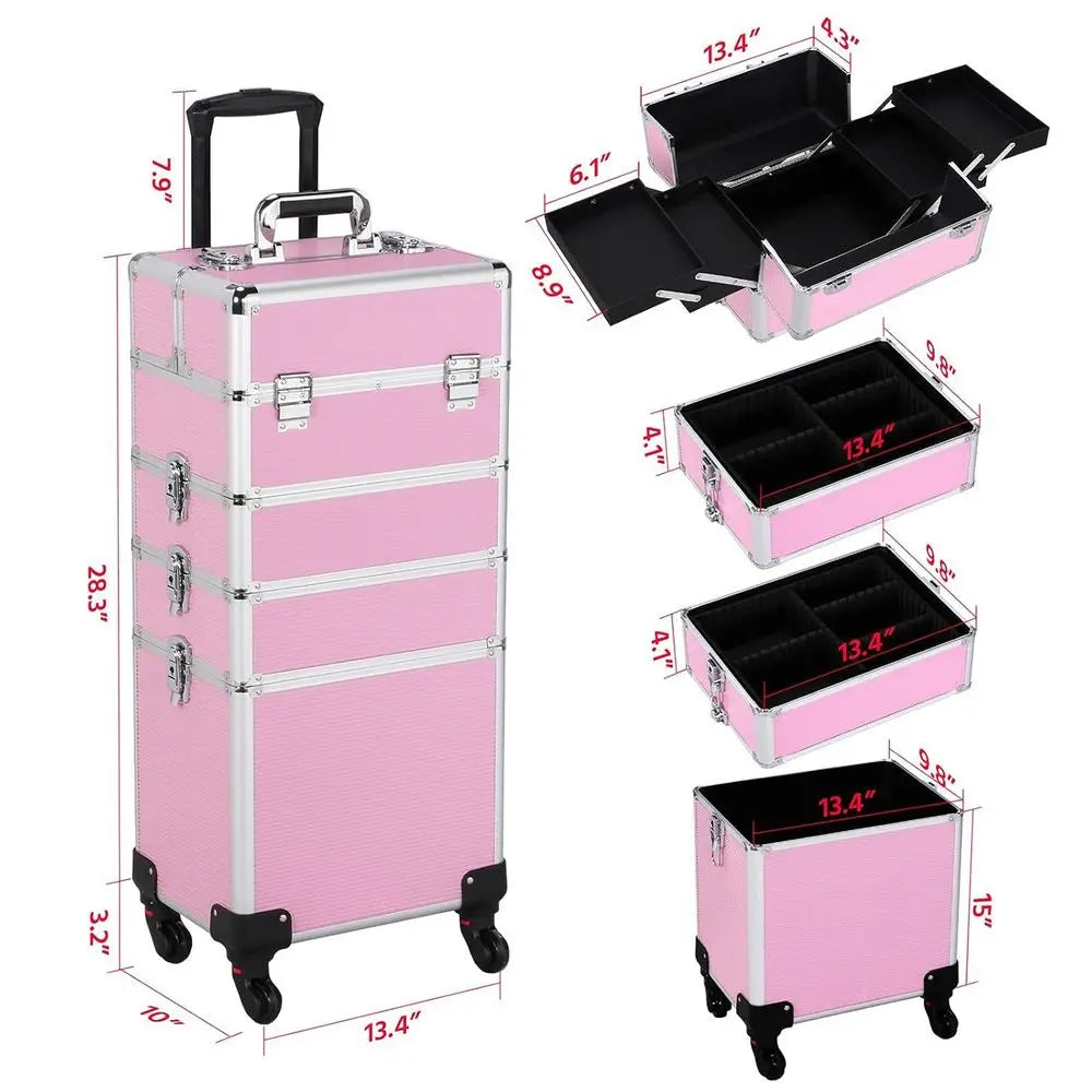 Portable Rolling Makeup Train Case with 4 Wheels, Detachable, Pink, Professional Organizer for Travel