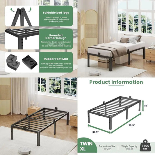 14 Twin XL Metal Bed Frame with Round Legs, 3,500 lbs Capacity, Easy Assembly, No Box Spring Needed