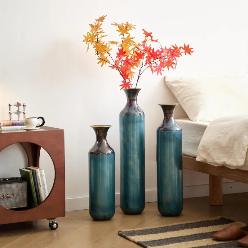 Large Floor Metal Vases Decorated Aqua Blue Set Of 3 Gorgeous Home Decoration accessories Living Room Shipping from the USA