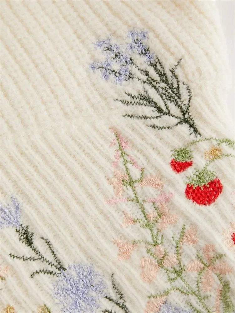 Casual Floral Embroidery Lantern Long Sleeve Sweater for Women Autumn Winter Elegant Mock Neck Cropped Knit Sweater Pullover Top