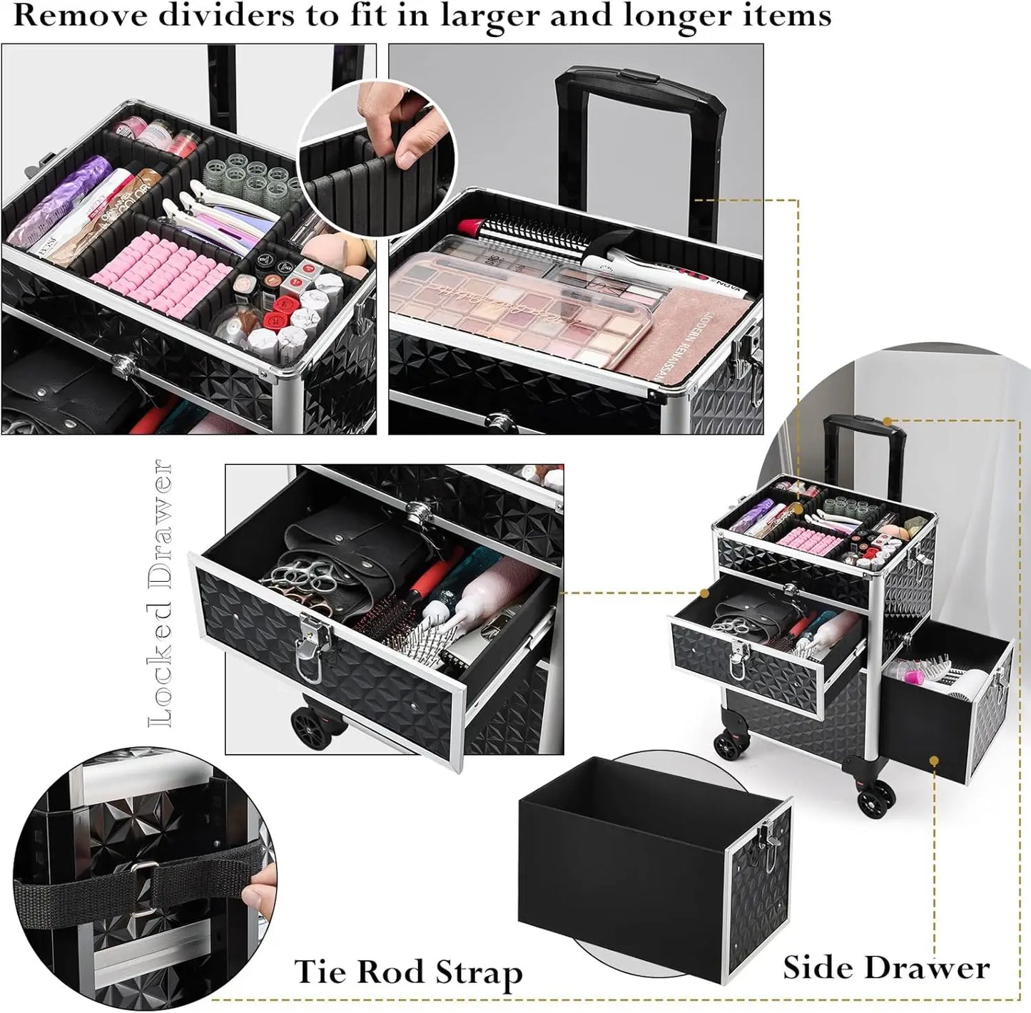 Rolling Makeup Case with Wheels  Drawers Large Professional Cosmetology Trolley Case Lockable Travel Cosmetic Storage Train Case