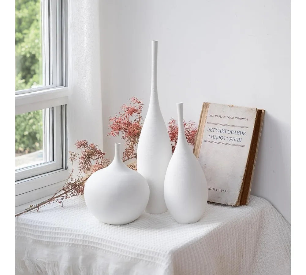 White Ceramic Vase Set of 3 Modern Boho Minimalist Home Decor Flower Vases for Living Room Table