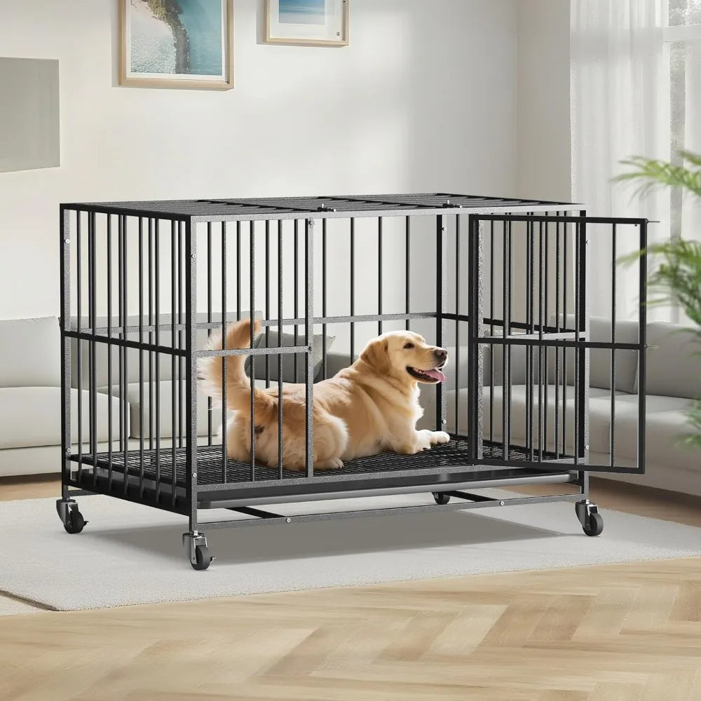 48 Inch Heavy Duty Dog Crate Steel Escape Proof, Indoor Double Door High Anxiety Cage, Removable Tray, Kennel with Wheels
