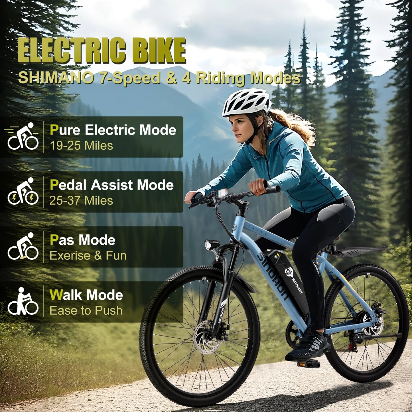 Mountain Electric Bike Adults 500W Peak Motor 26'' Tires Front Suspension Electric Bicycle 25-37Miles 7-Speed Lightweight E-MTB