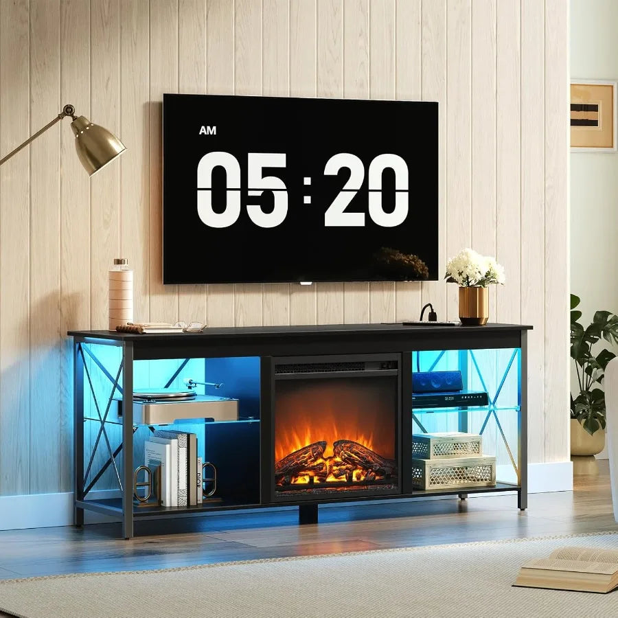 Modern Fireplace TV Stand with Integrated Charging Station and Ambient LED Lights for TVs up to 65 inches Multi-Functional Ente