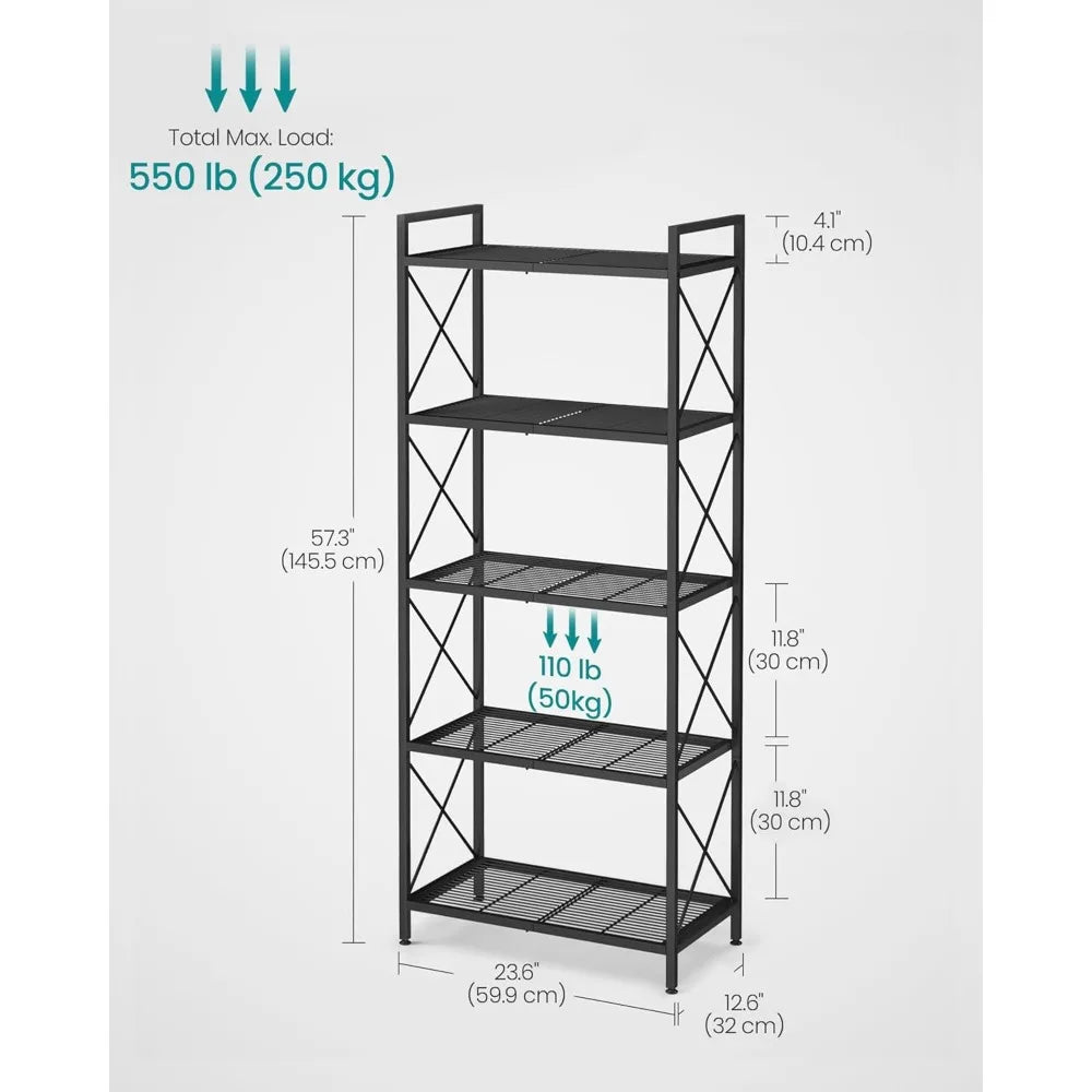 5-Tier Metal Storage Rack with X Side Frames, Dense Mesh Shelves, Adjustable Feet for Entryway Kitchen Living Room Bathroom