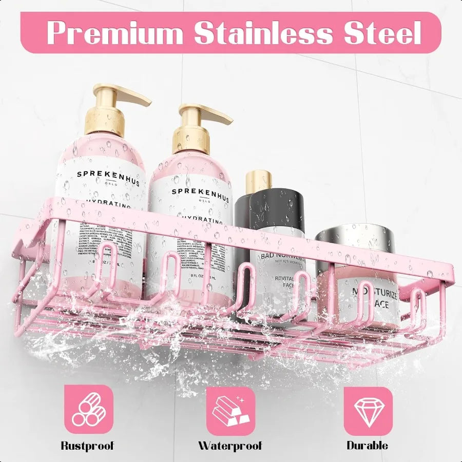 2 Pack Adhesive Shower Caddy Rustproof Stainless Steel Shower Racks for Bathroom Organizers and Storage Pink Wall Mounted Showe