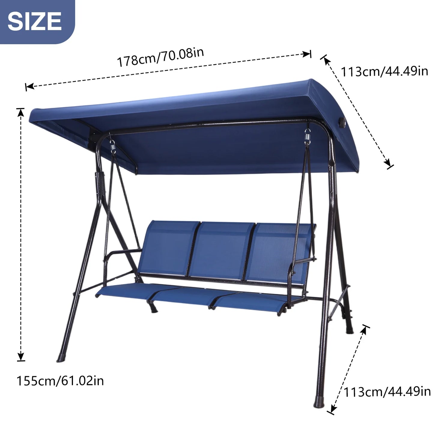 3-Seat Outdoor Porch Swing with Adjustable Canopy Bench Swing Chair Patio Swing Chair for Home Garden Poolside Balcony Backyard