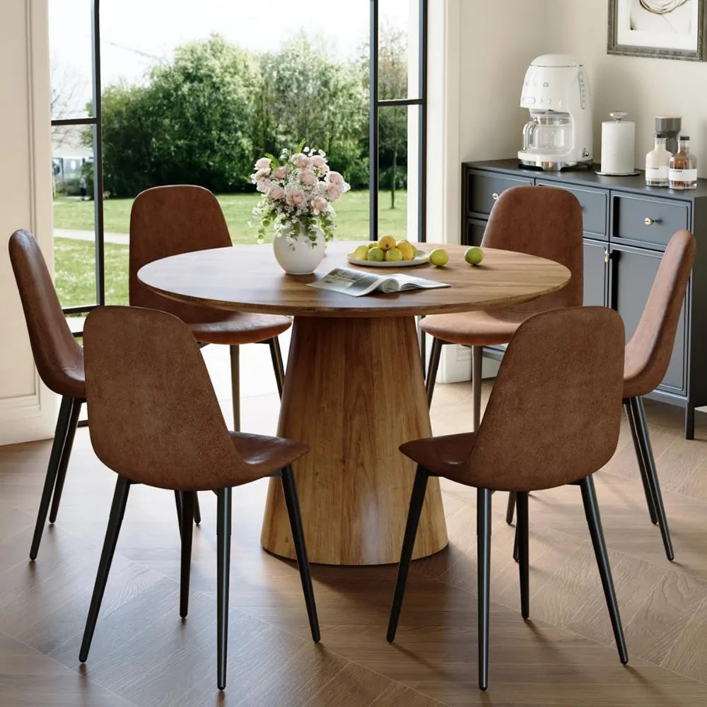 Round Dining Table Set for 6, 45 Inch Round Dining Table with Cushioned Chairs, Brown Kitchen Table and Chair Set for Living Roo